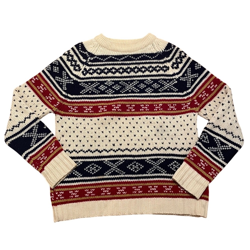 Vintage Sweater Nordic Fair Isle Knit‎ Cream Navy Red Geometric Crewneck Large